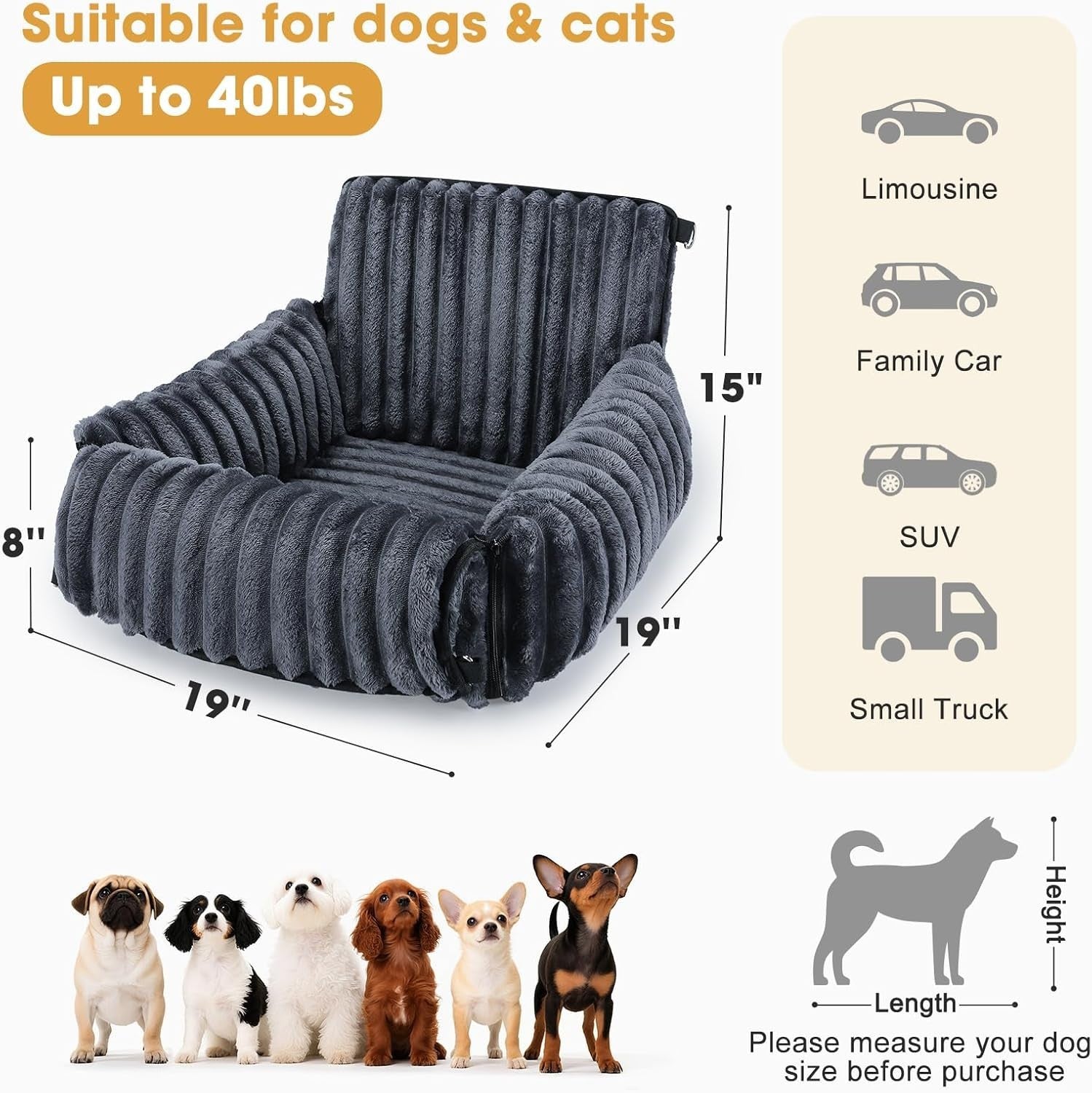 Dog Car Seat Booster Bed Memory Foam Washable Travel Seat Grey