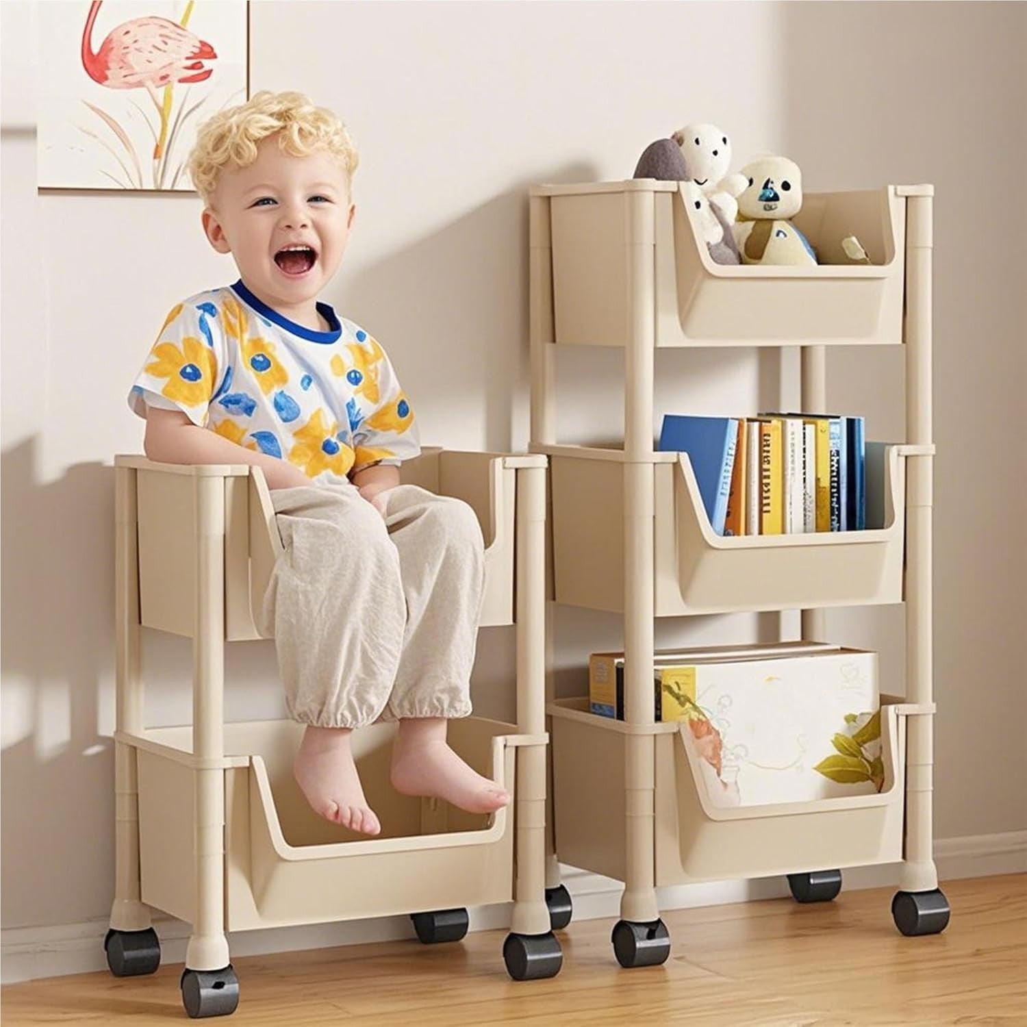 5 Tier Rolling Storage Trolley Slim Utility Cart Shelving Organizer Beige