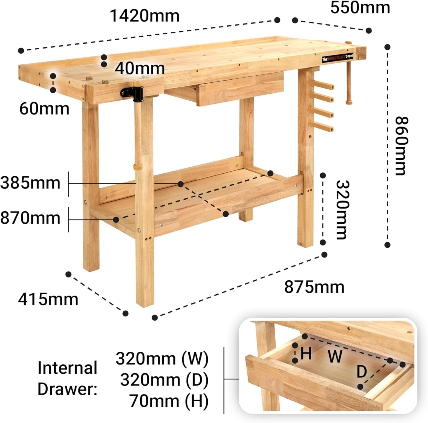 Heavy-Duty Wooden Workbench 142cm with Vices, Drawer & Storage Shelf