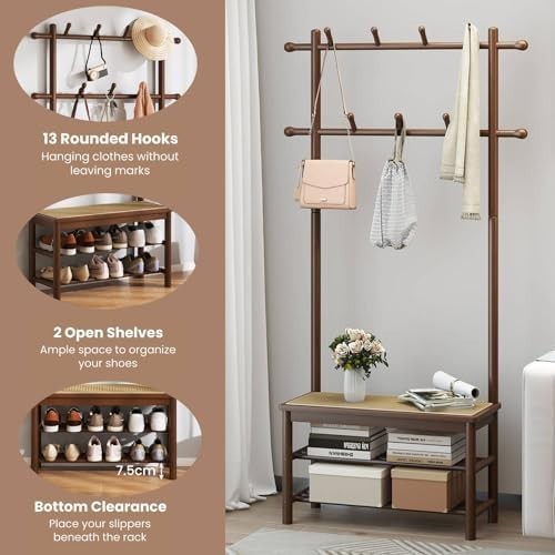 3-in-1 Bamboo Coat Rack with Bench & Shelves Rattan Hallway Entryway Storage