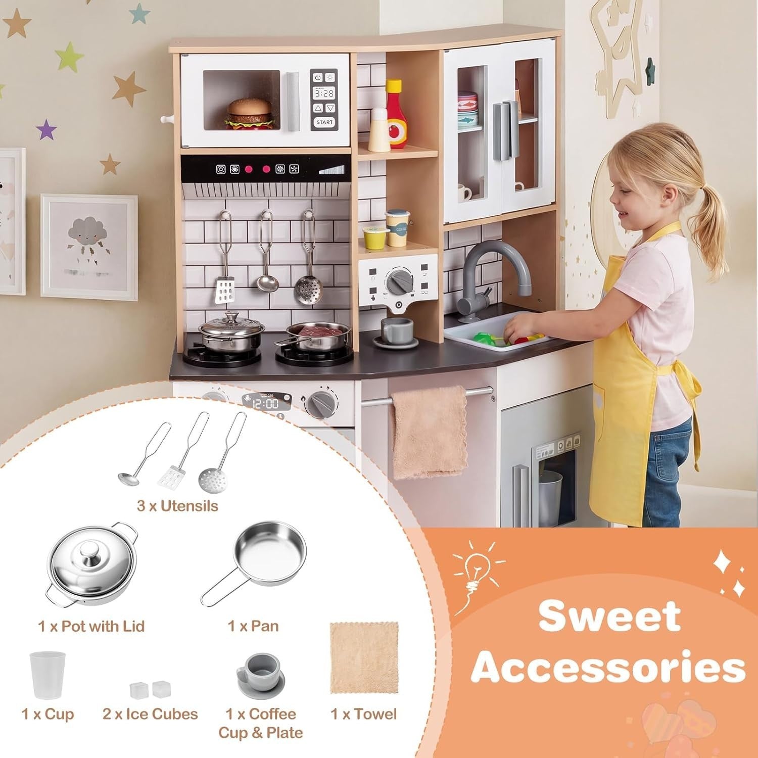 Wooden Kids Play Kitchen Lights Sounds Coffee Maker Grey Toy