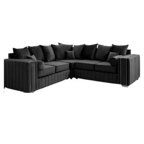 Black 2C2 Velvet Corner Sofa 5 Seater L-Shape with Chrome Legs