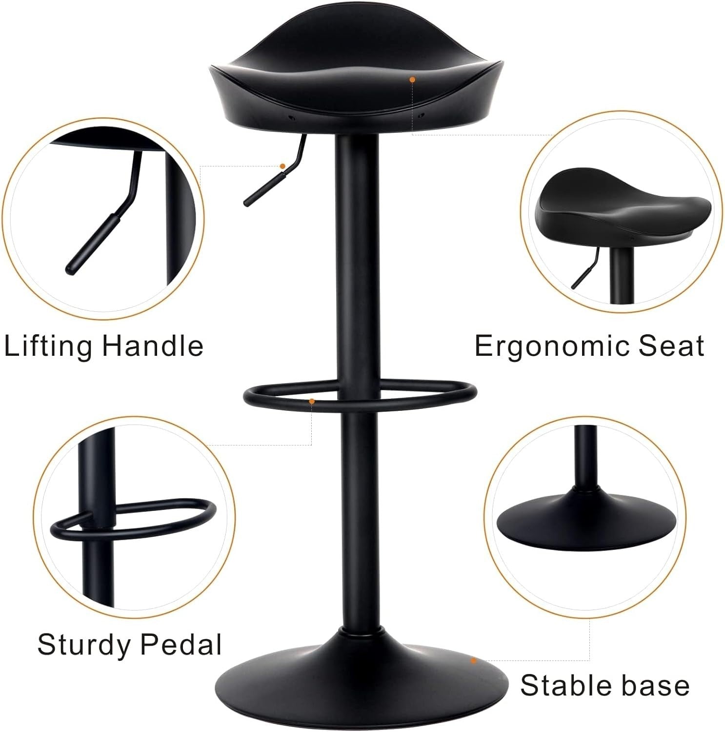 Black PU Leather Swivel Bar Stools Set of 2 Height Adjustable Kitchen Counter