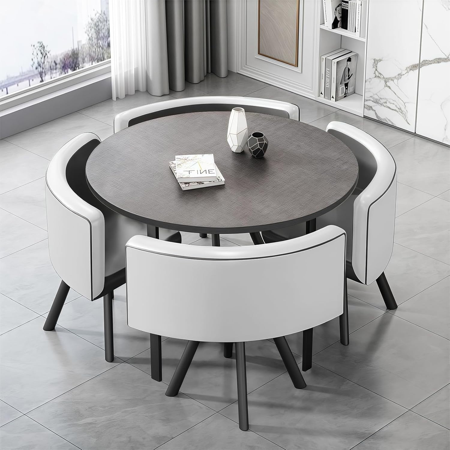 Modern 35.4" Grey Dining Table Set with 4 Chairs – Space-Saving Faux Marble