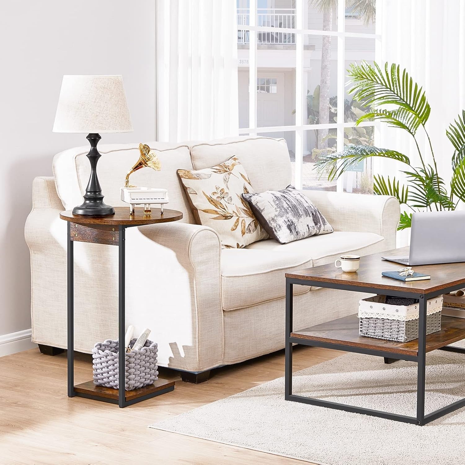 Slim C-Shaped Side Table with Storage Shelf – Industrial Rustic Steel Frame