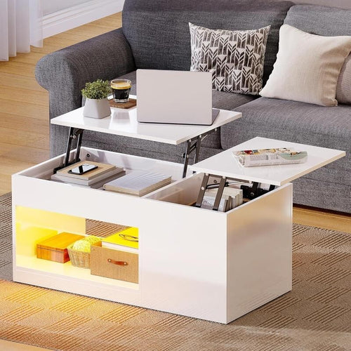 Lift Top LED Coffee Table White Gloss Storage RGB Light Desk Living Room