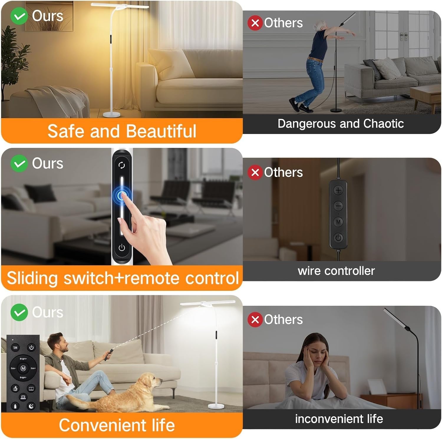 Double Head LED Floor Lamp Dimmable Remote Touch Adjustable Reading