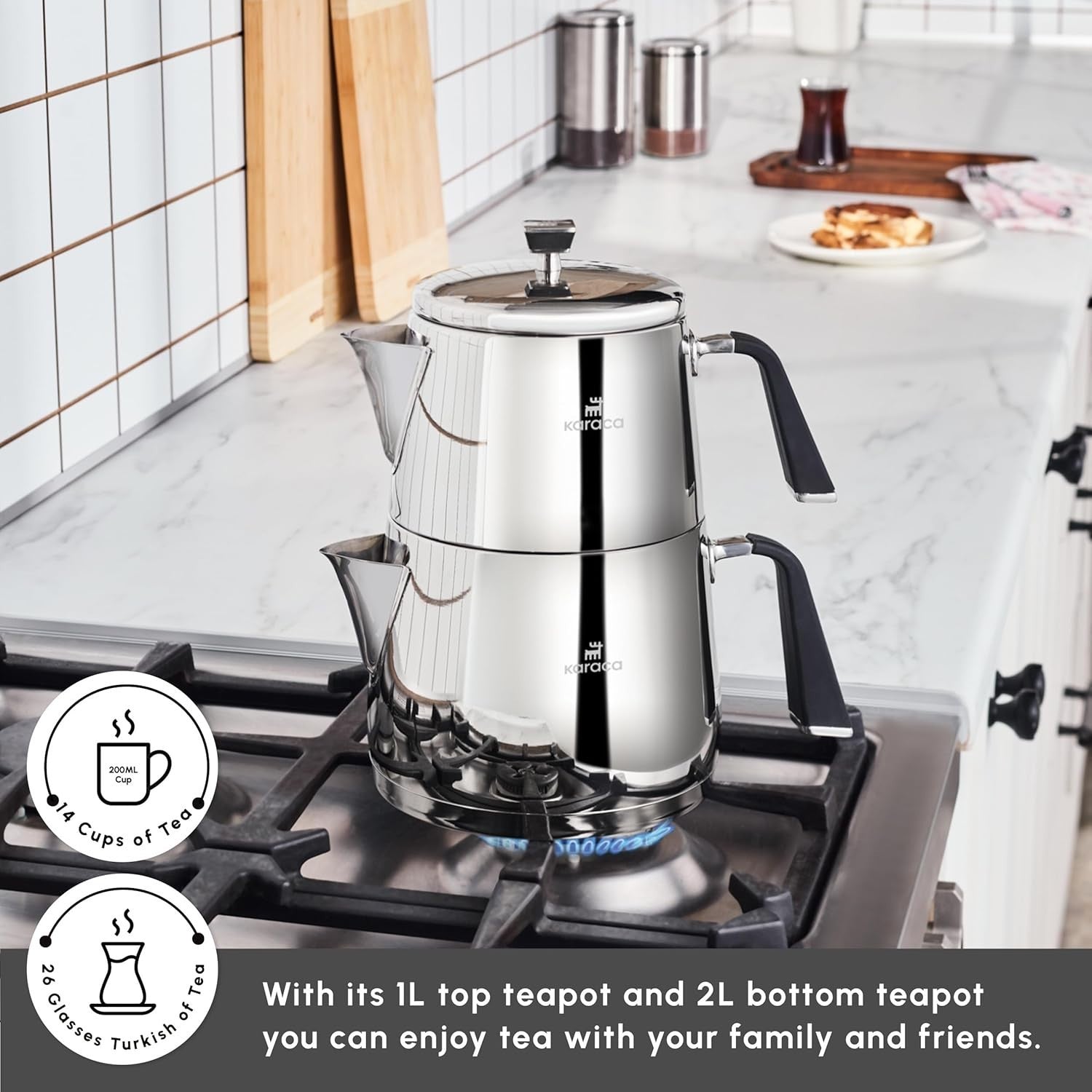 Turkish Teapot Set 3L Stainless Steel Caydanlik Induction Compatible