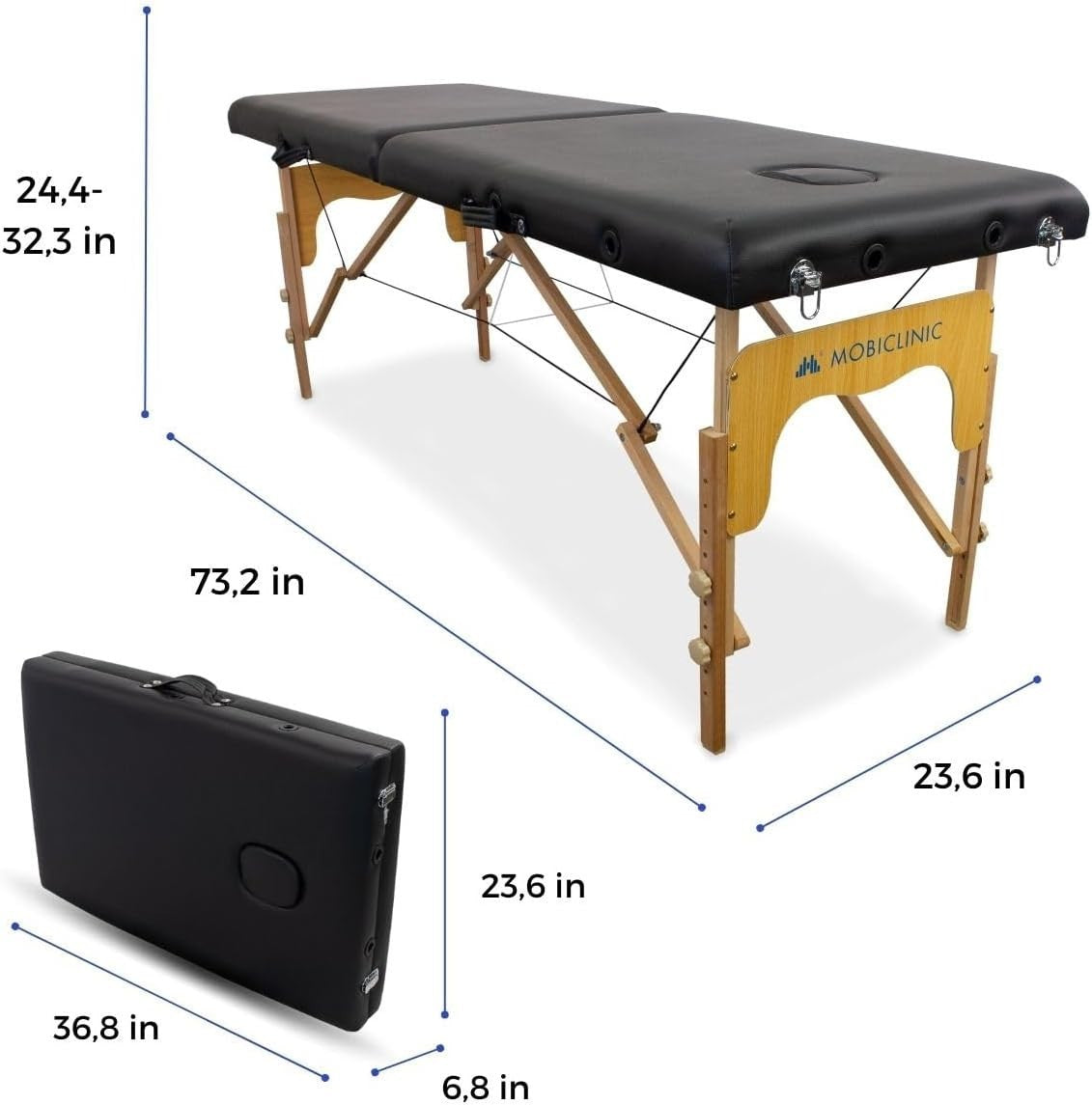Portable Massage Table 2-Section Wooden Adjustable Therapy Bed w/ Headrest Black