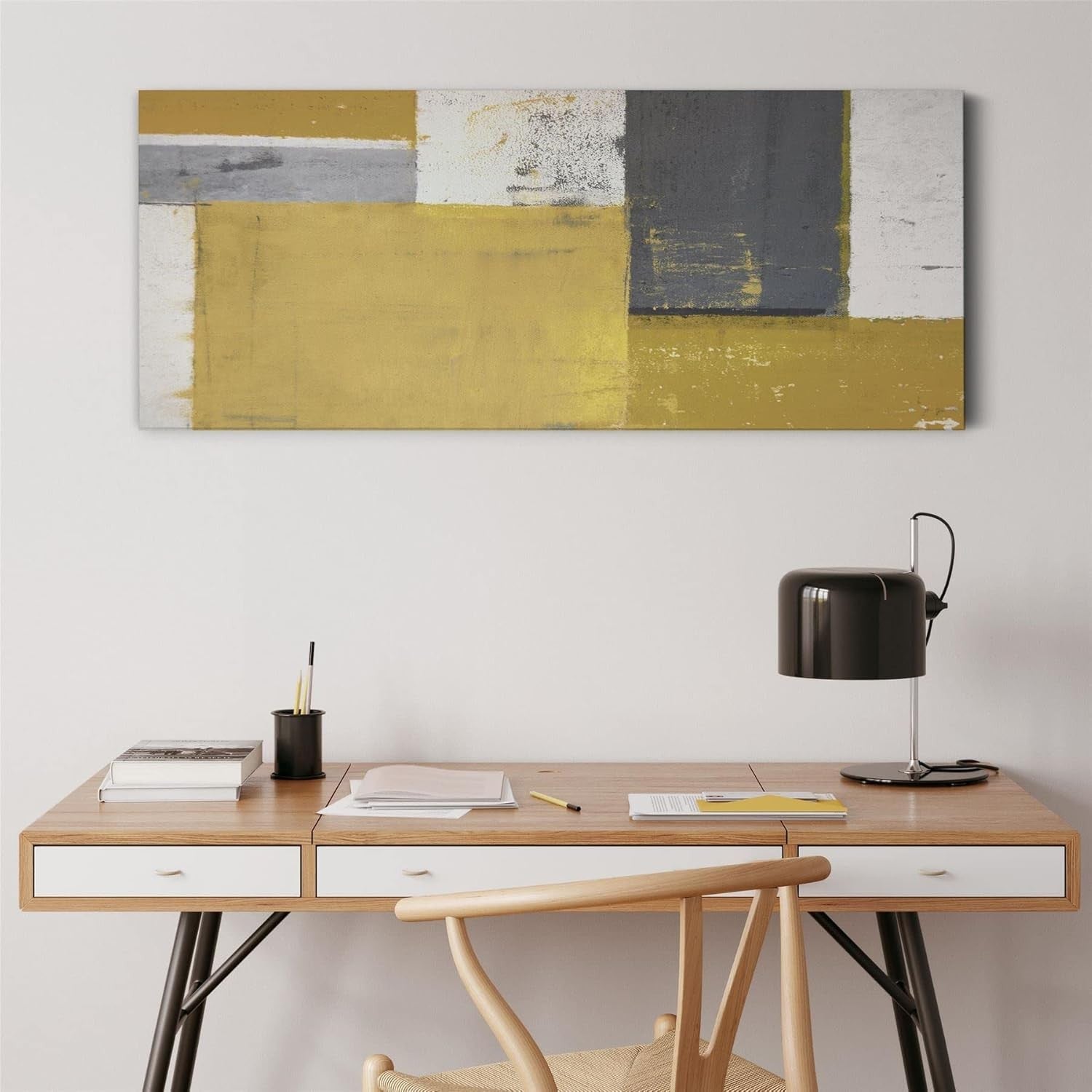 Mustard Yellow Grey Abstract Canvas Wall Art 97x40cm
