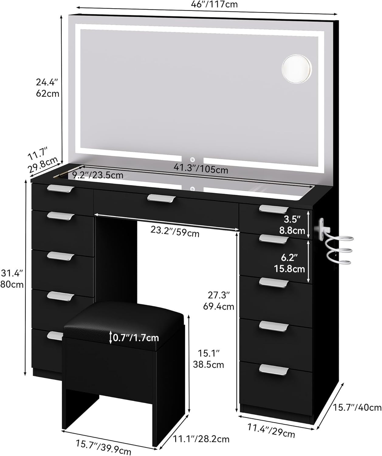 11-Drawer Vanity Makeup Desk Mirror Lights Charging Station Hair Dryer Rack