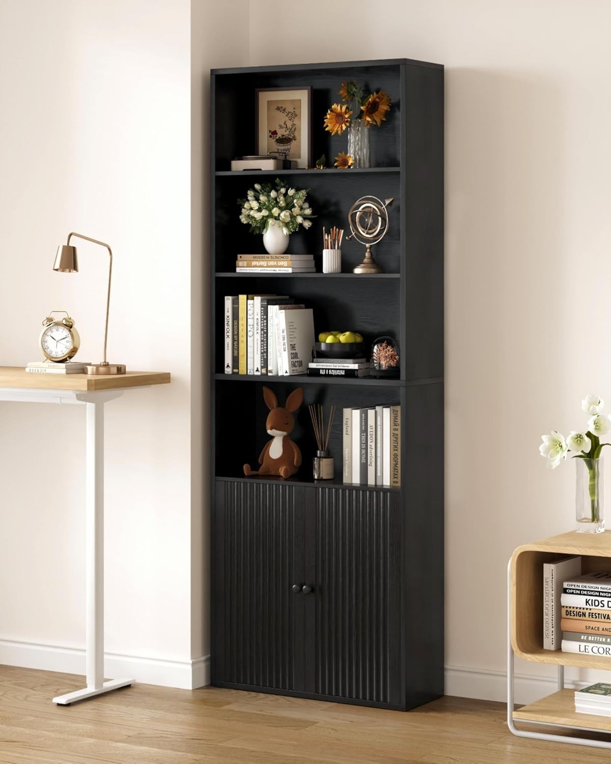 6-Tier Tall Bookshelf with Doors, Space-Saving Storage & Cabinet, Black