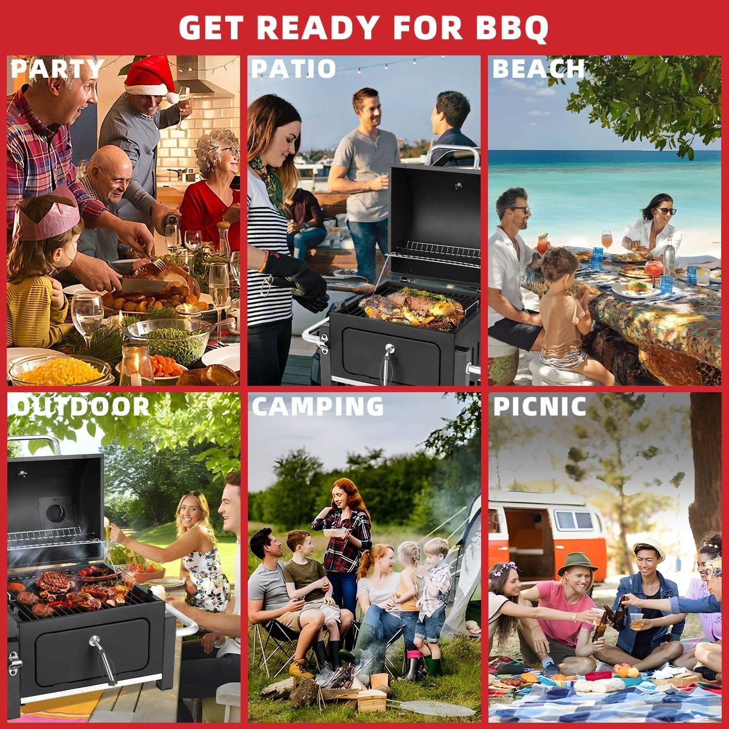 Portable Charcoal BBQ Smoker Grill with Thermometer – Dual Height Adjustable