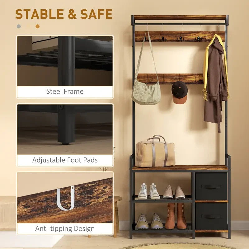 Rustic Coat Rack Bench with Hooks & Drawers – Hallway Storage Stand