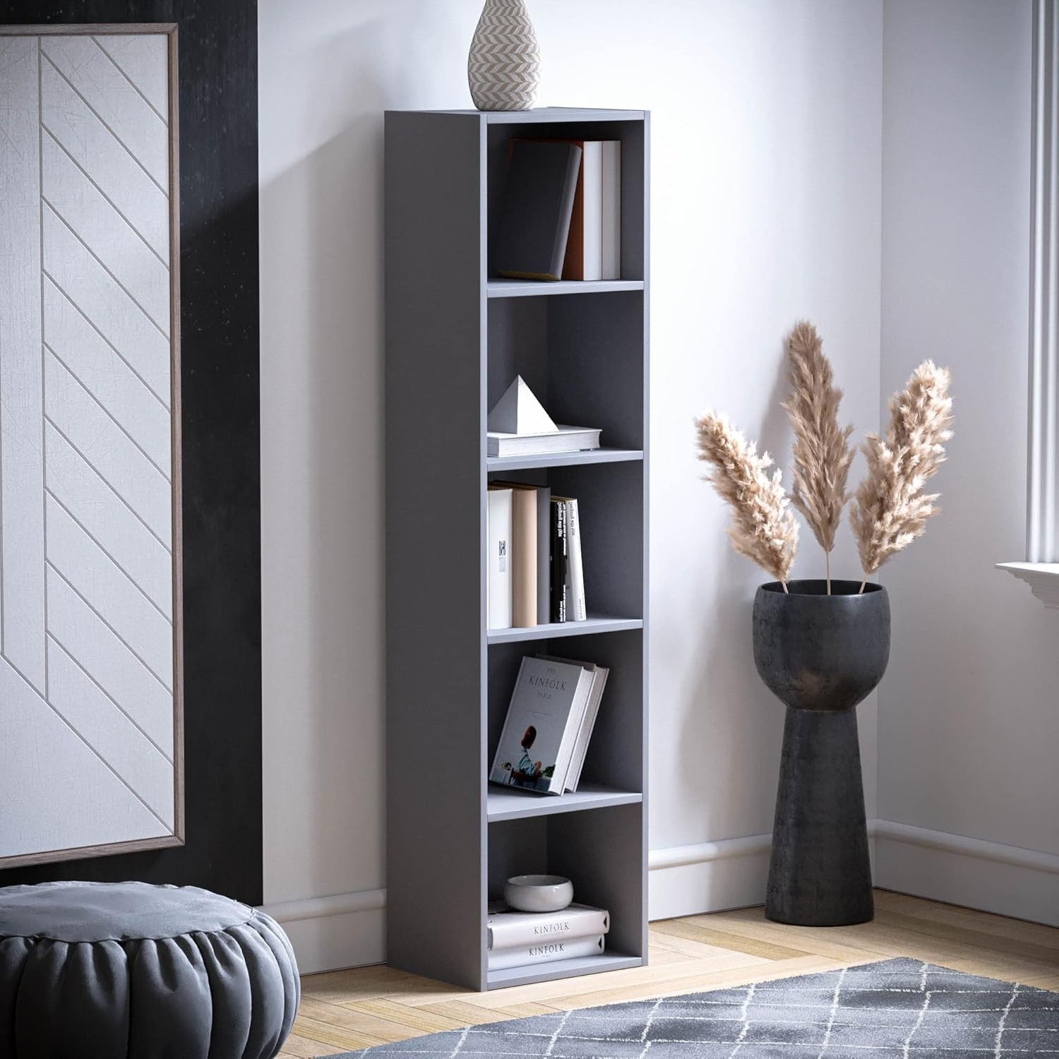 5 Tier Grey Wooden Cube Bookcase Small Storage Shelf for Living Room Office