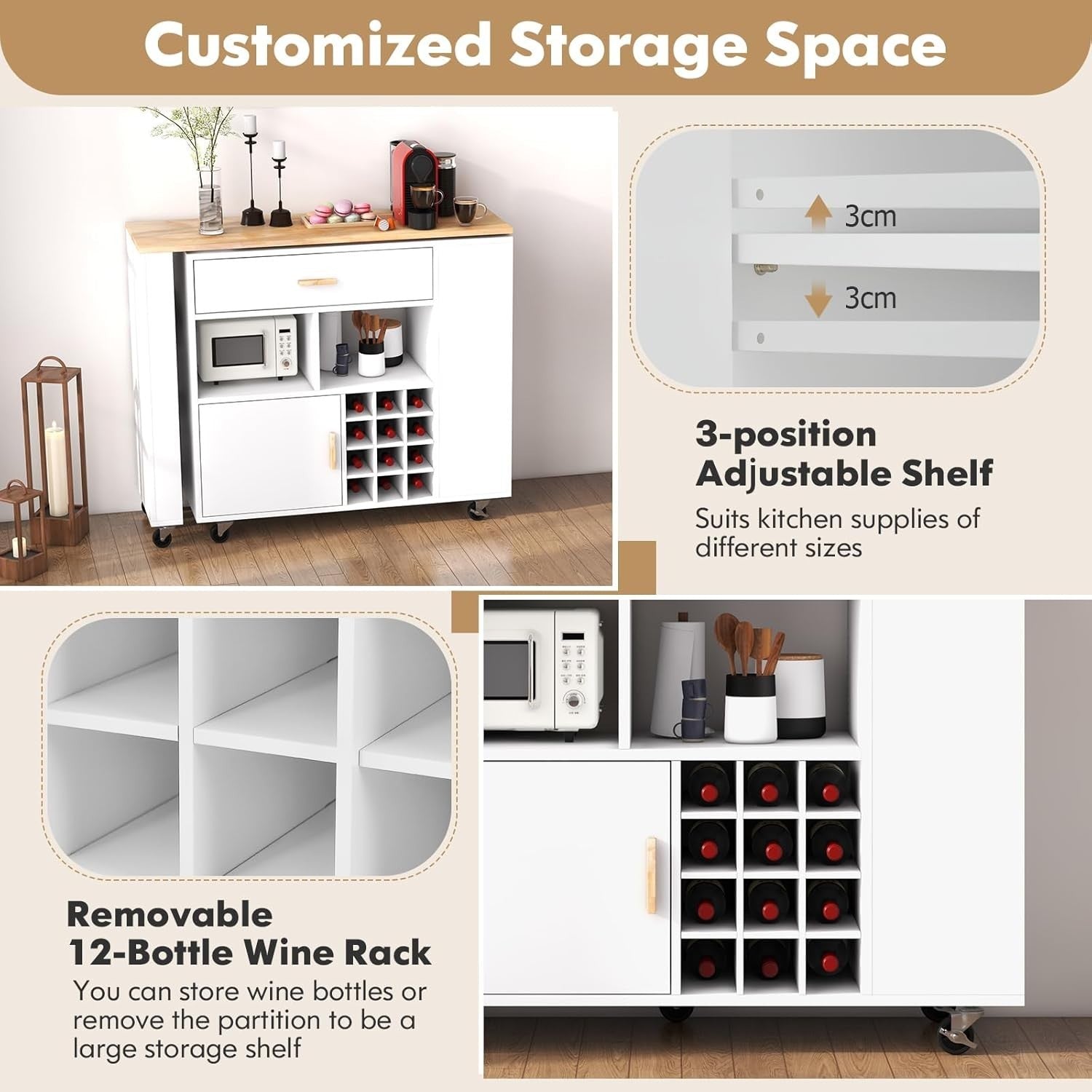 Rolling Kitchen Island Cart w/ Rotatable Worktop, Wine Rack & Adjustable Shelves