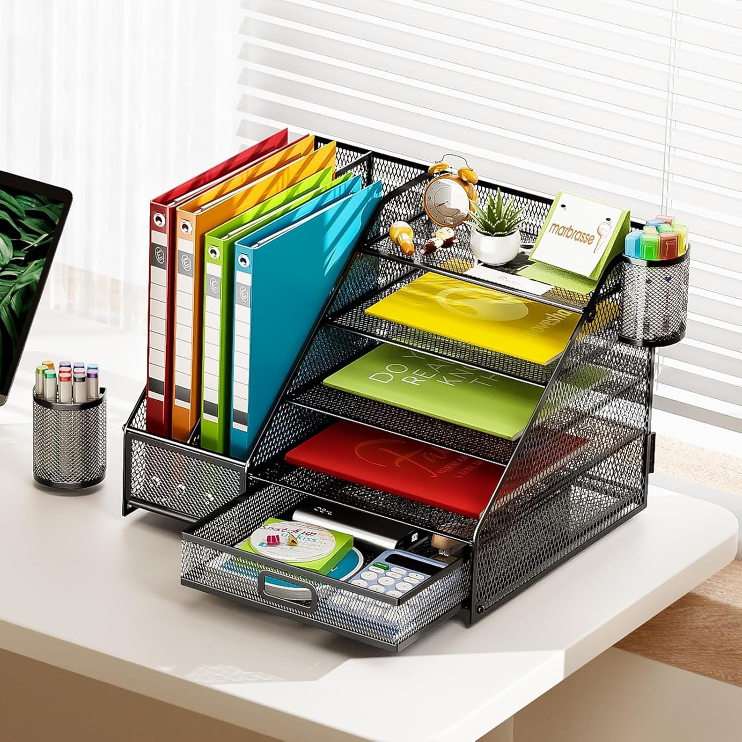 5-Tier Desk Organiser with Drawer & Pen Holders Mesh Desktop Storage