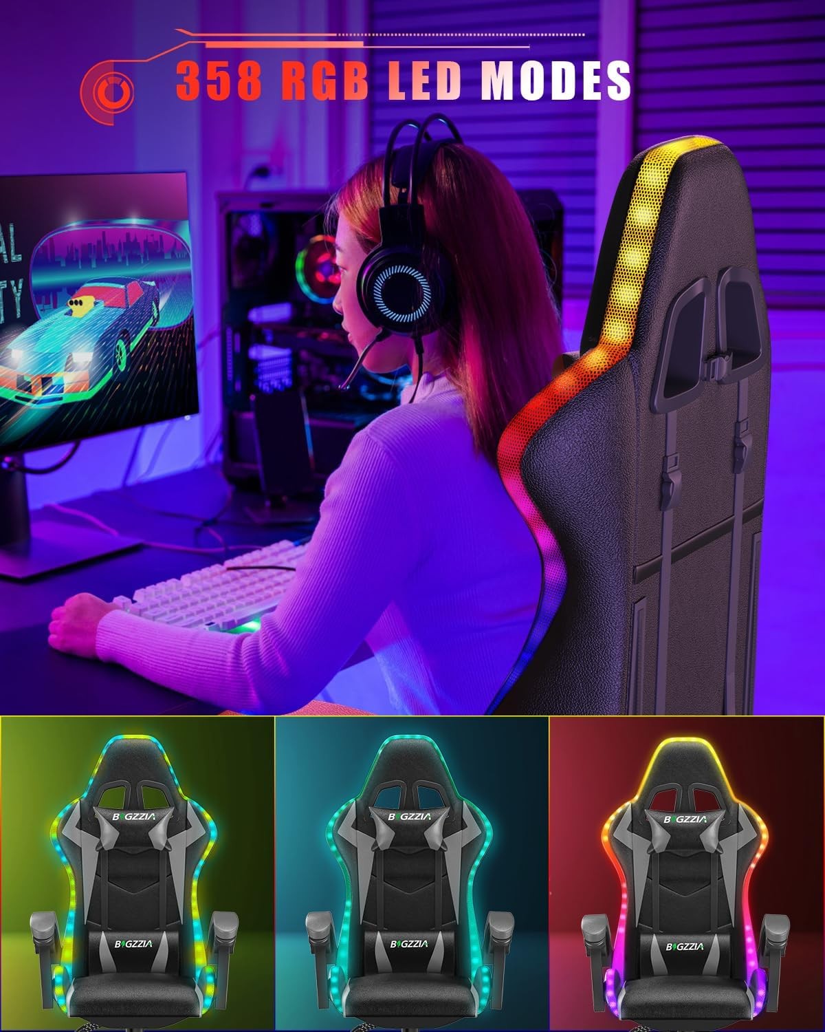 Ergonomic LED Gaming Chair with Footrest & Lumbar Support – Gray High-Back