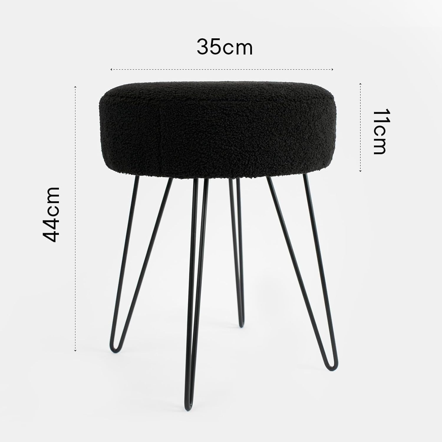 Black Bouclé Round Stool Modern Padded Pouffe Footrest Hairpin Leg Seat
