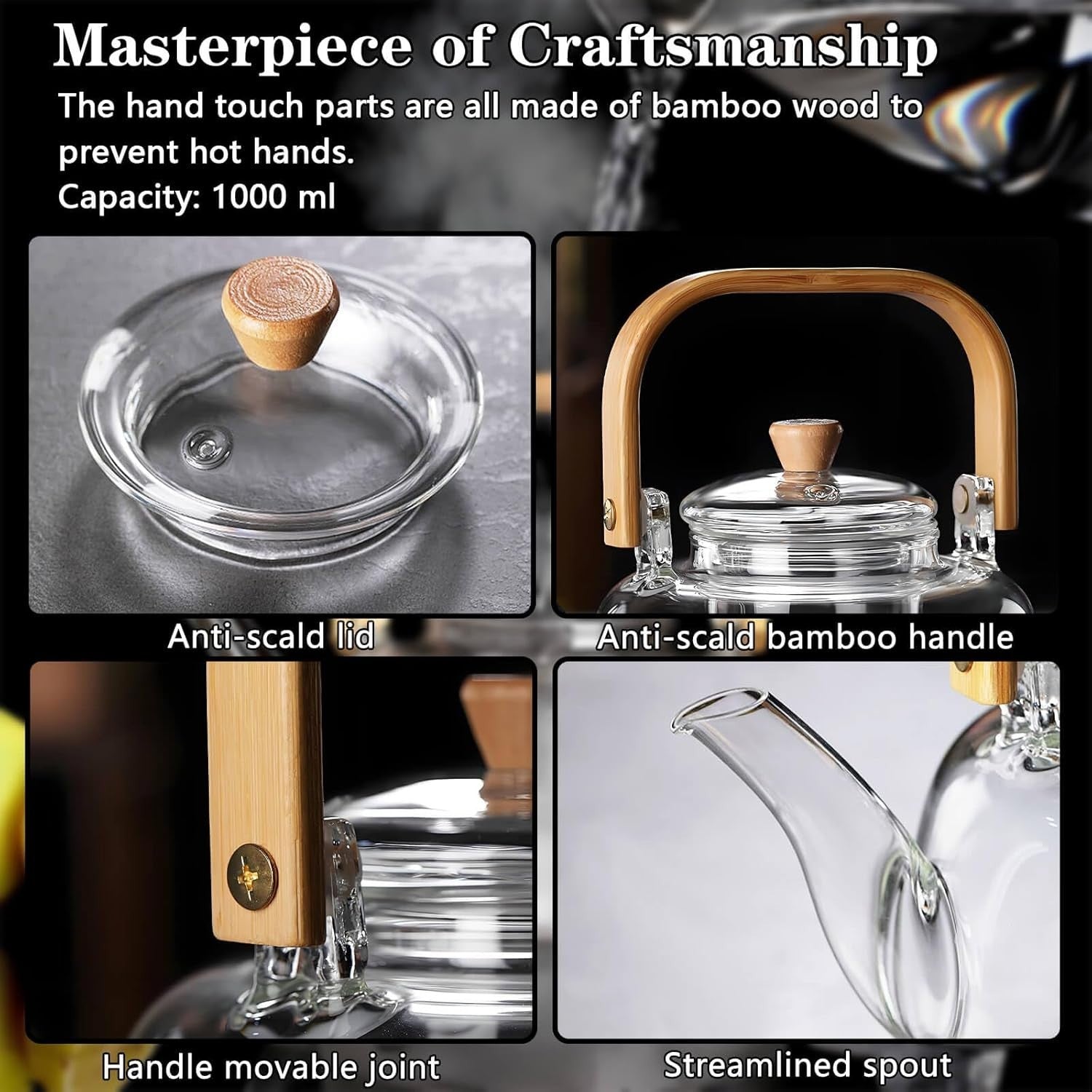 1000ml Glass Teapot with Infuser Borosilicate Tea Maker Stovetop Safe