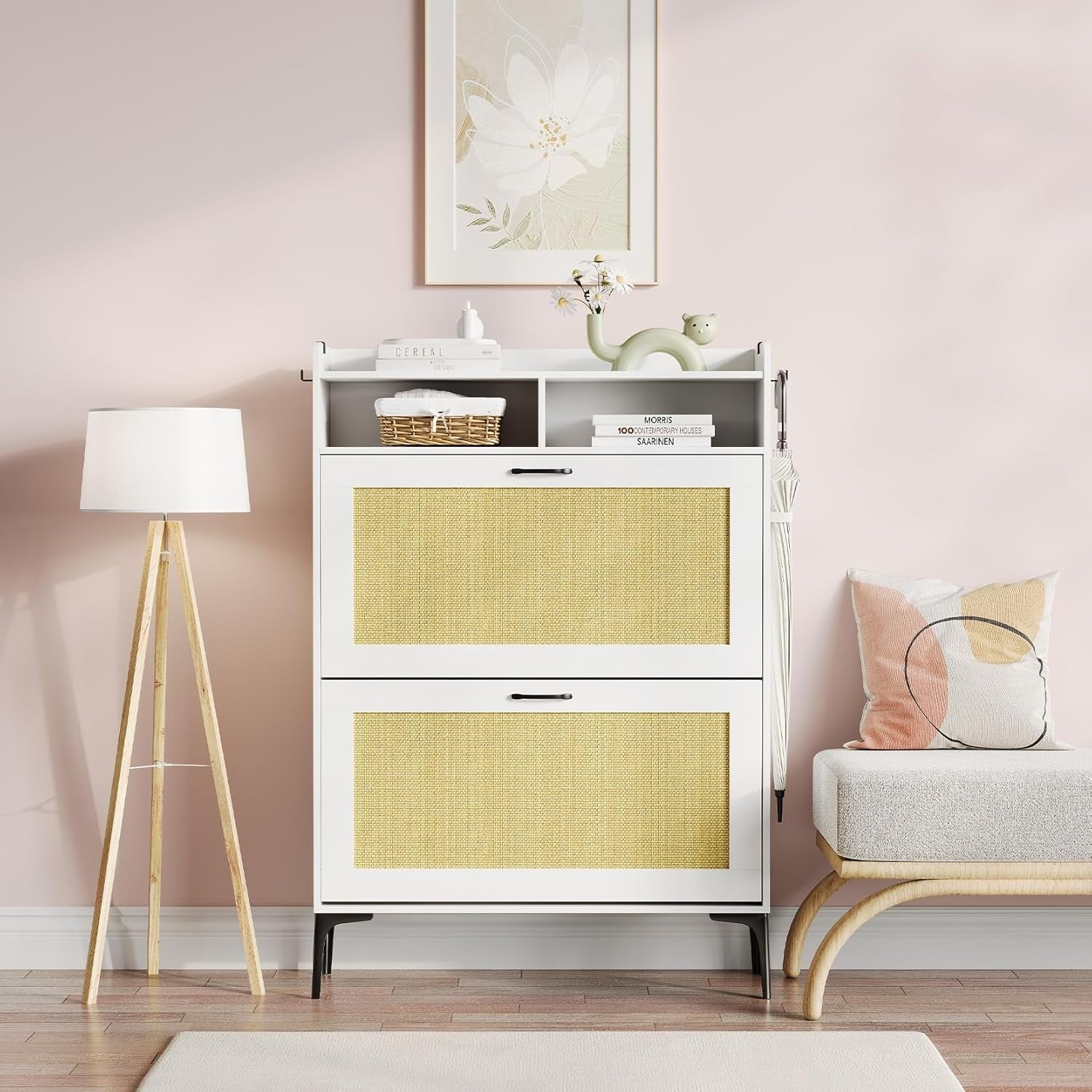 Slim Rattan White Shoe Cabinet with Flip Drawers & Open Shelves 80x24x114cm