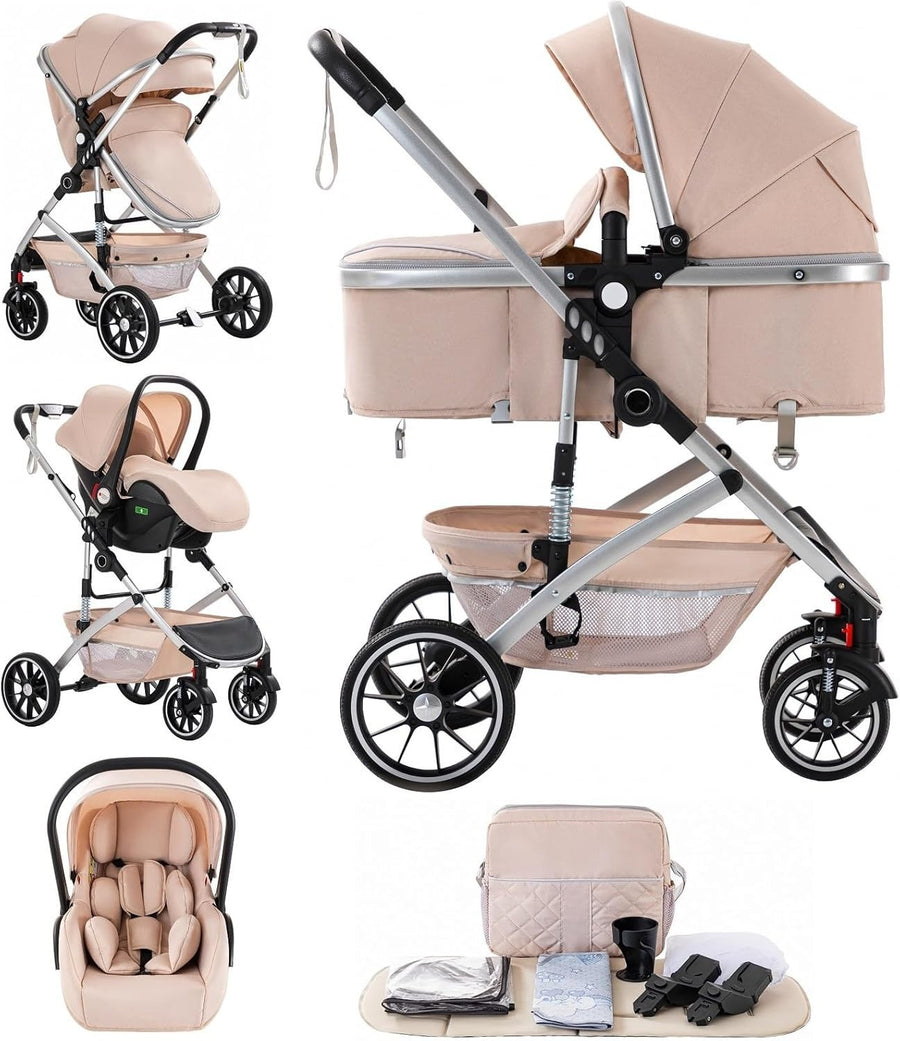 3 in 1 Travel System Pram Pushchair Car Seat Newborn to 4 Years Beige