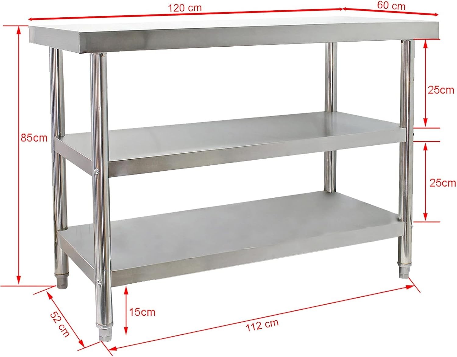 Stainless Steel Work Table 120x60x85cm with 2 Shelves Height Adjustable