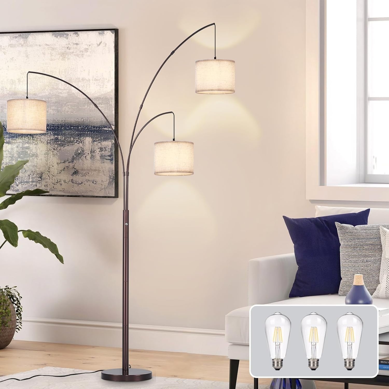 3-Head Adjustable Arc Floor Lamp with Beige Shades – Dimmable LED Lighting