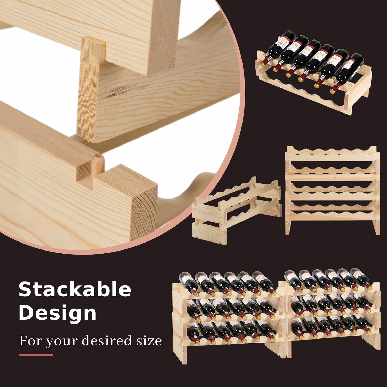 6 Tier Wooden Wine Rack for 36 Bottles Stackable Storage Shelf Home Bar