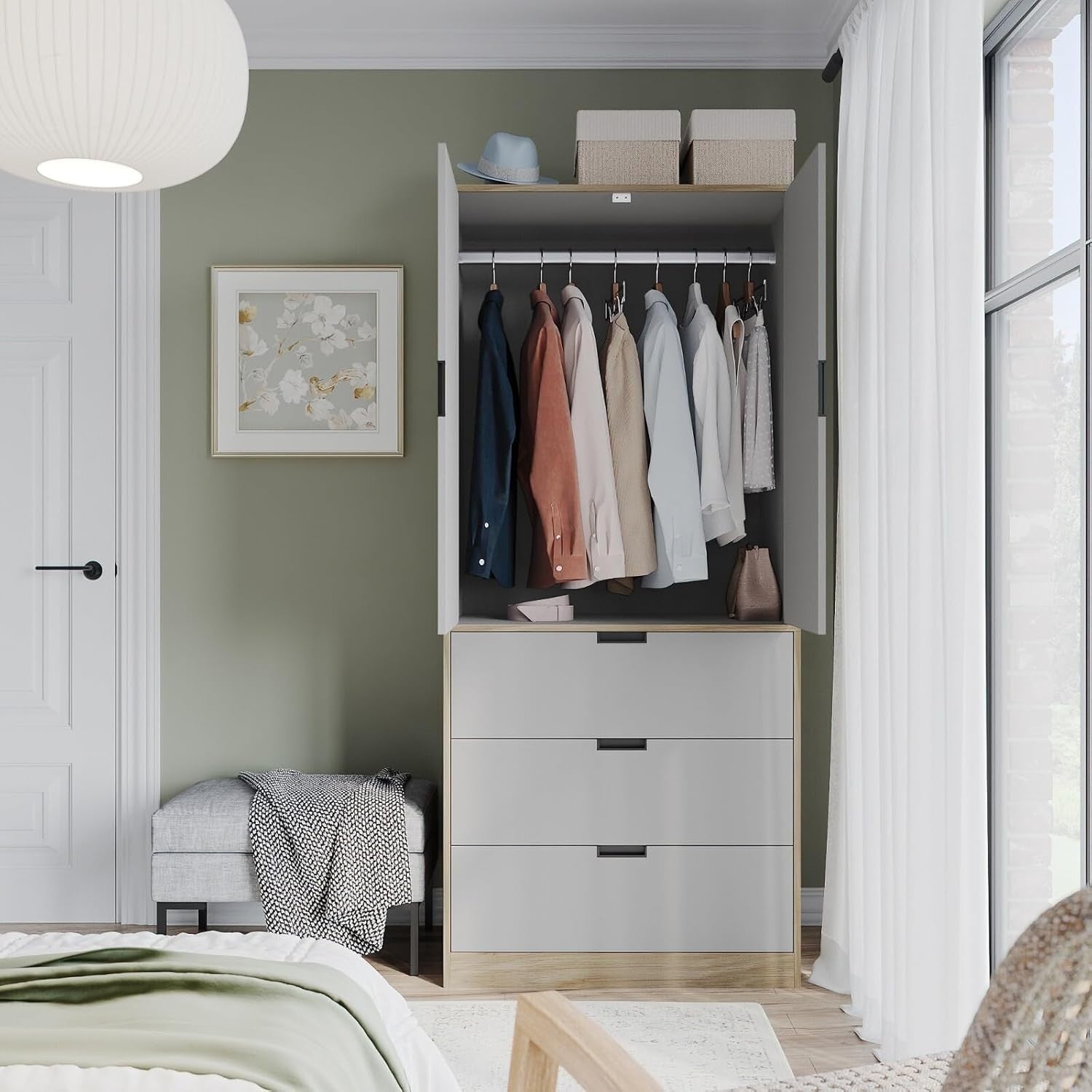 Grey 2 Door Wardrobe with 3 Drawers & Rail | Oak Effect 180cm Storage