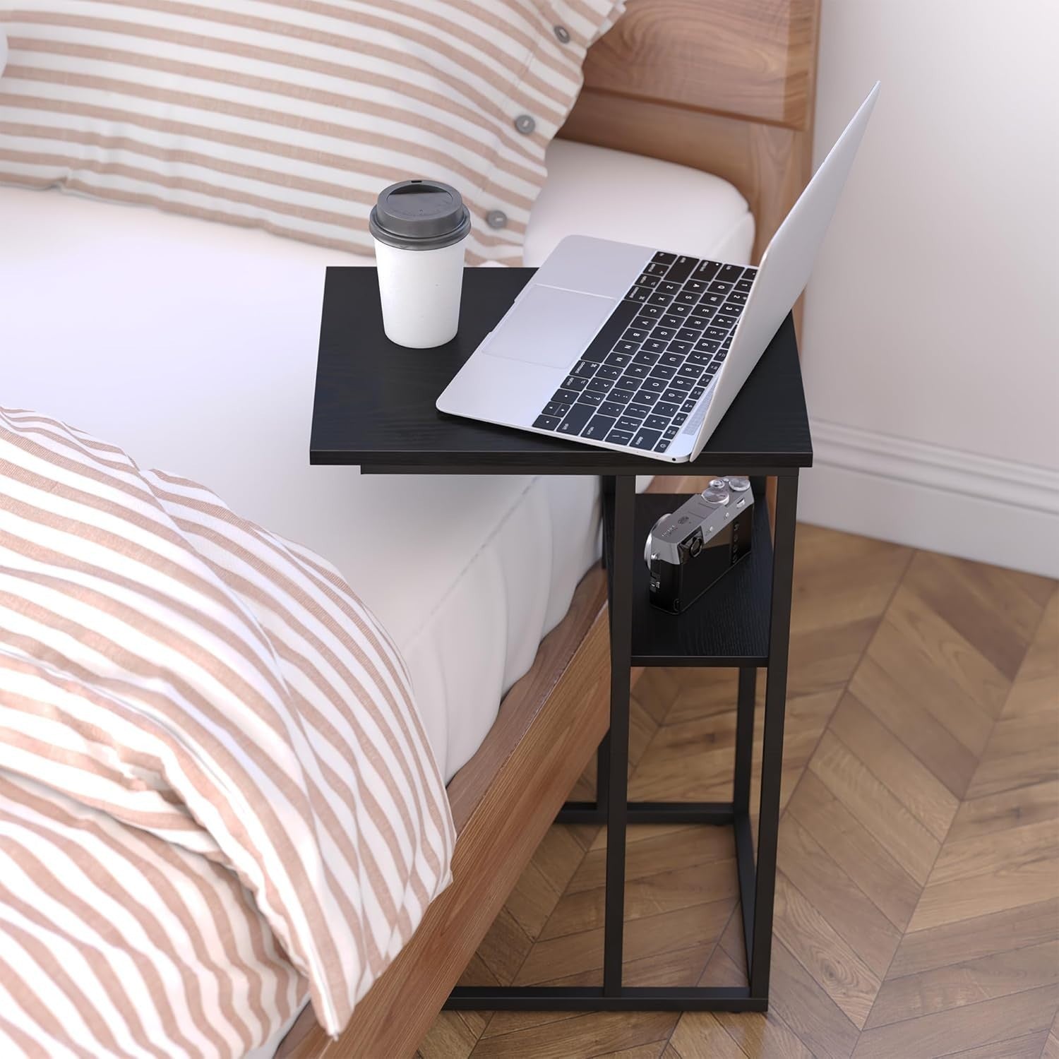 C-Shaped Narrow Side Table with Storage, Slide-Under Sofa Couch Bed
