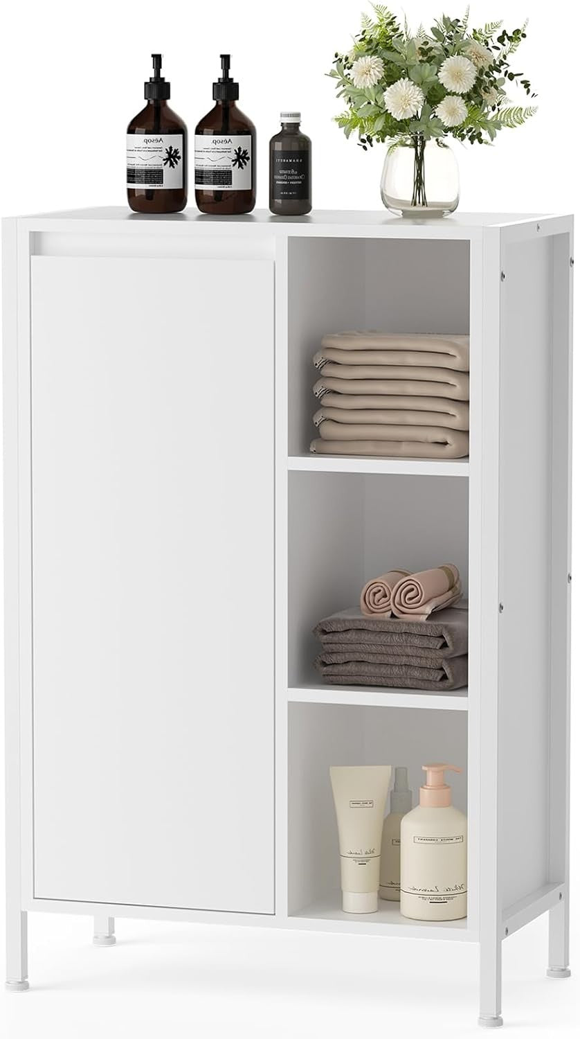Bathroom Storage Cabinet with Laundry Basket 3 Tier Shelves White Slim Unit