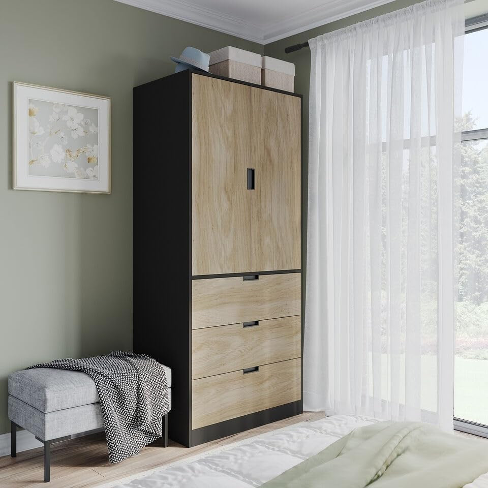 Modern 2 Door 3 Drawer Wardrobe Oak Black Hanging Rail Bedroom Storage