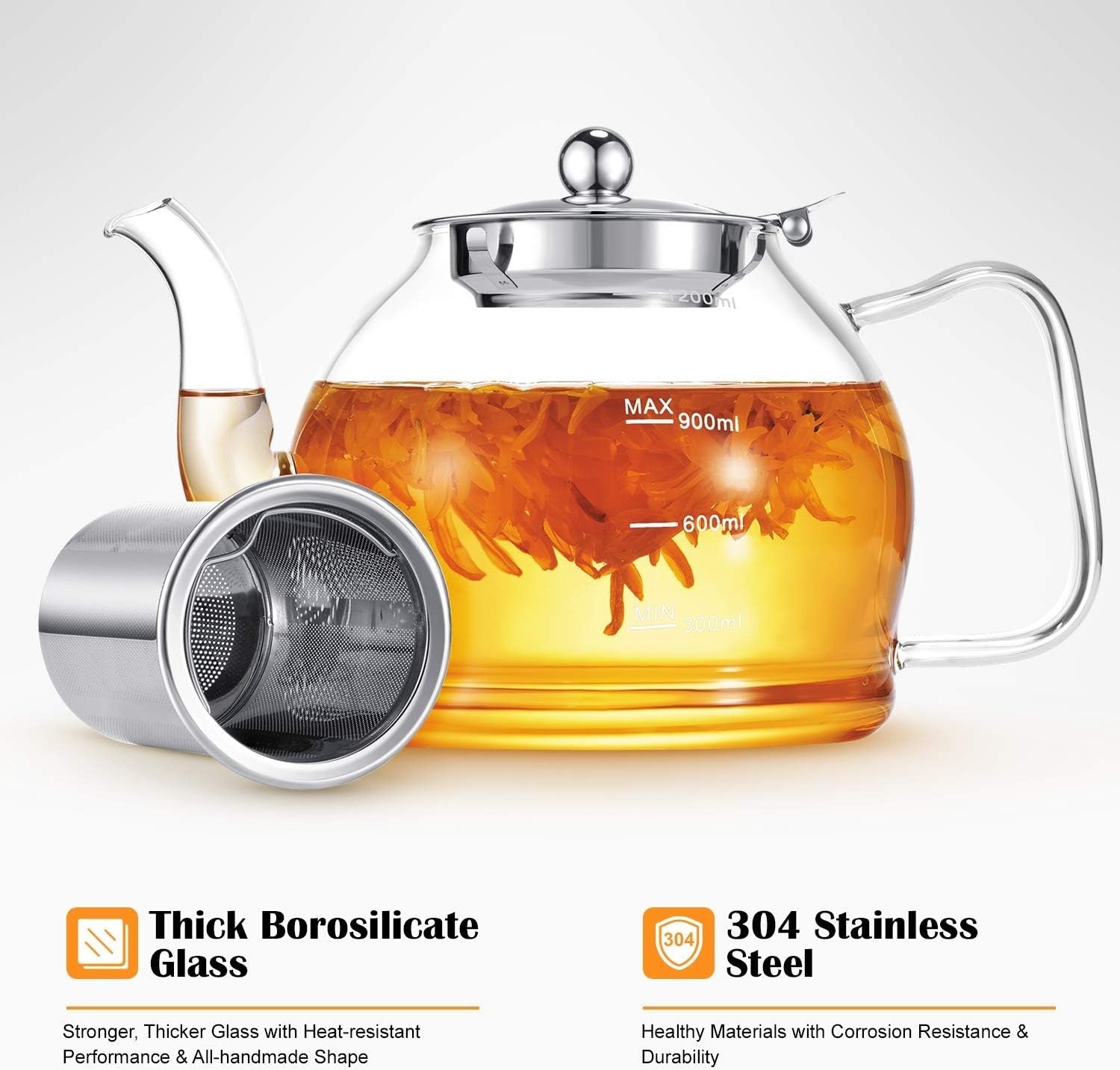 Glass Teapot 1200ml with Stainless Steel Infuser Loose Leaf Tea Pot