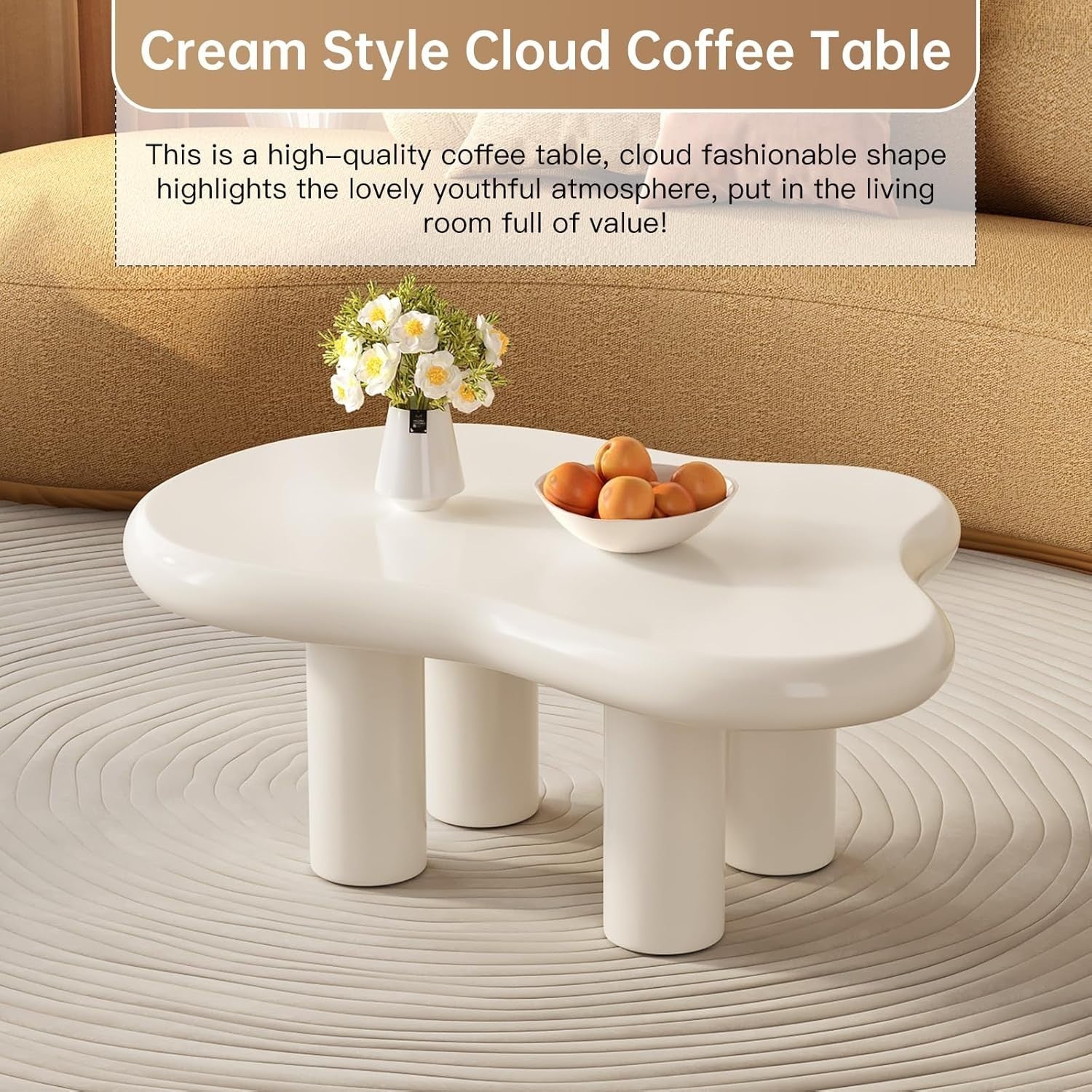 Modern Cloud-Shaped Coffee Table Thick Top Rounded Corners 63x91x39cm White