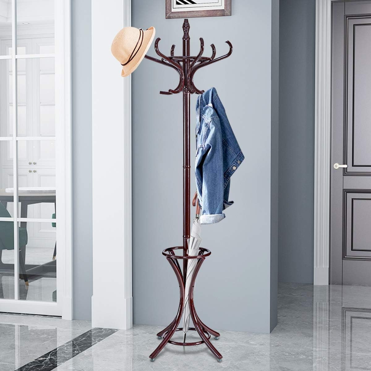 Mahogany Solid Wood Coat Rack with 12 Hooks & Umbrella Holder | Freestanding
