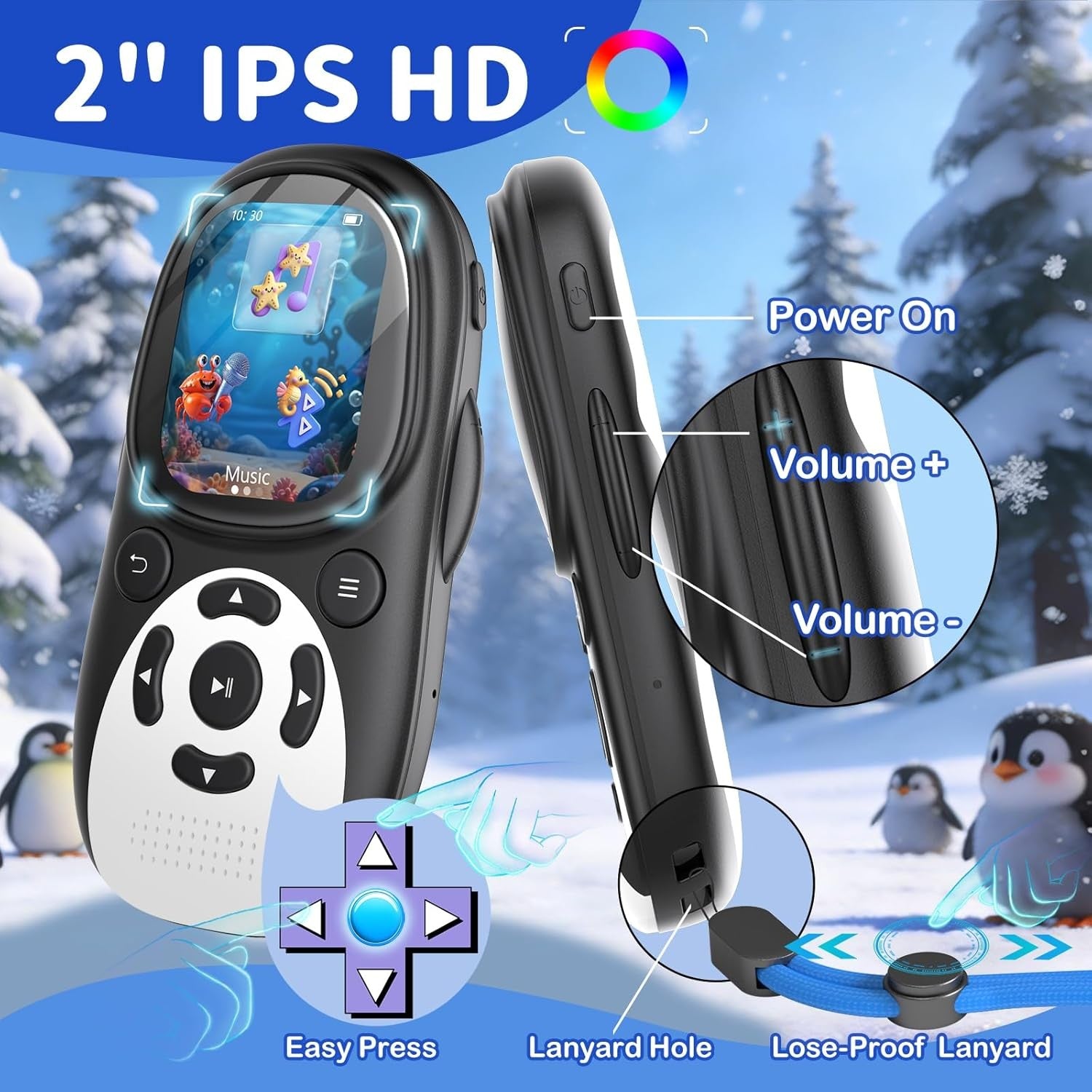 Kids MP3 Player 64GB Bluetooth 5.3 Penguin FM Speaker Recorder