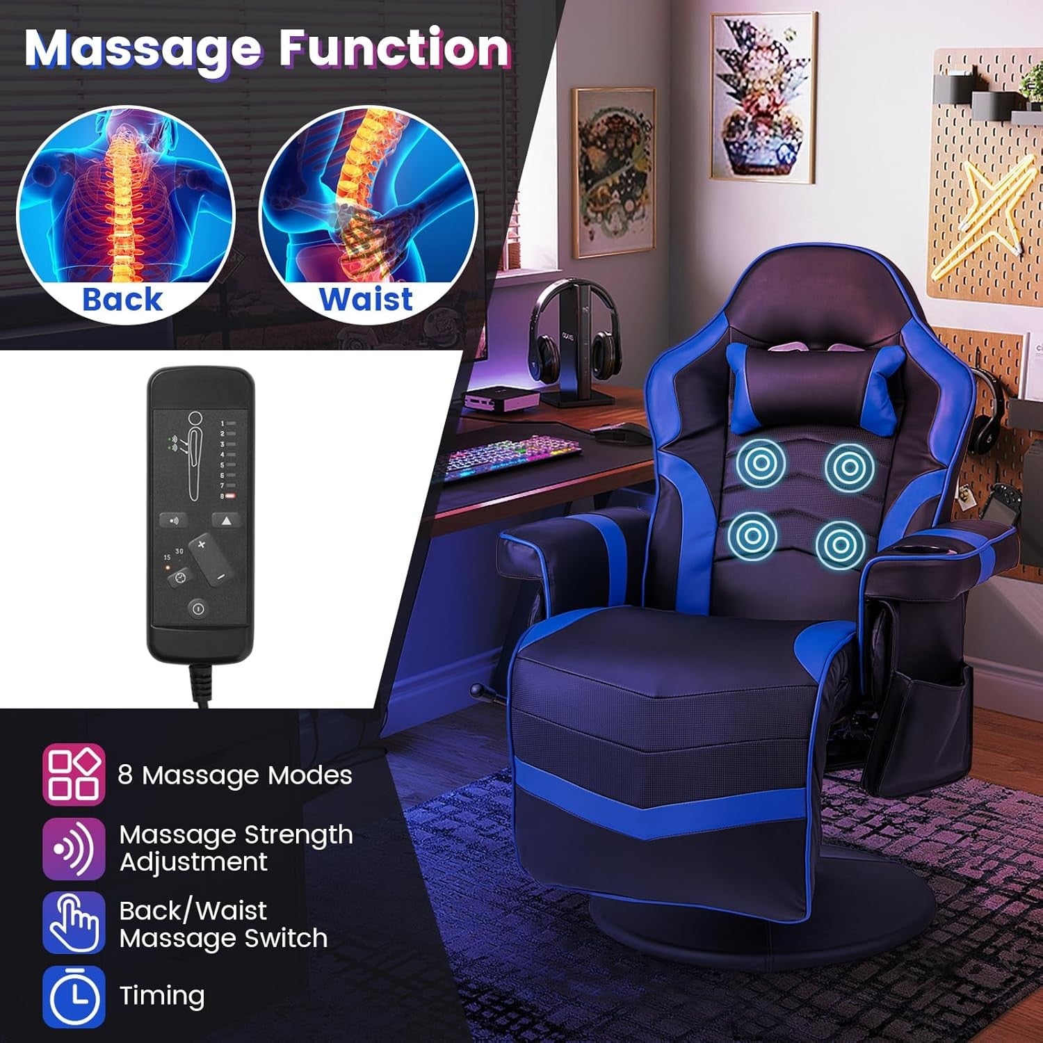 Massage Gaming Chair Recliner w/ Footrest Cup Holder Blue