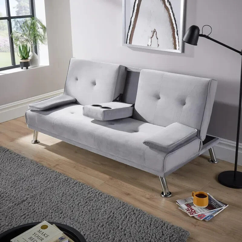 Grey Velvet Sofa Bed 3 Seater Fold Out Couch w/ Cup Holders & Armrests