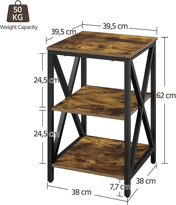 Rustic Brown Bedside Tables Set of 2 | X-Design 3-Tier Industrial Nightstands