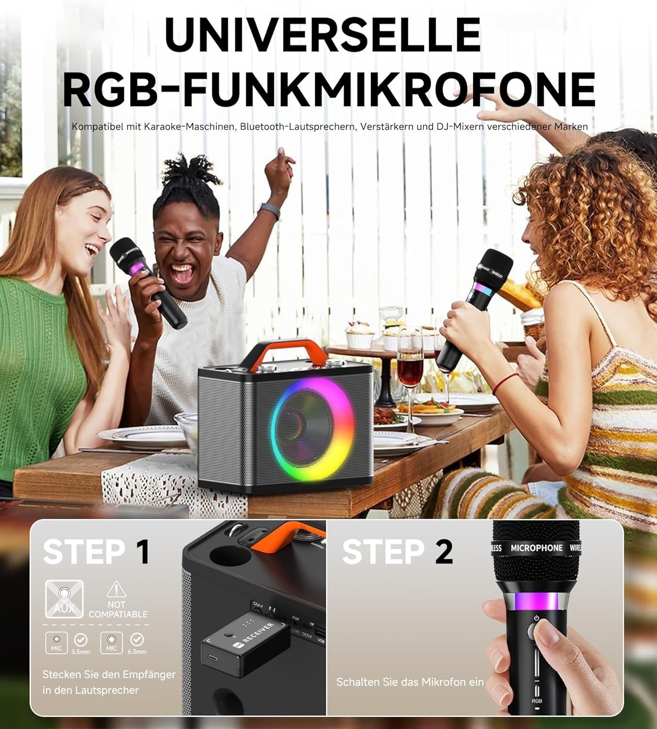 Black Portable Karaoke Machine 2 Wireless RGB Mics 13H Play