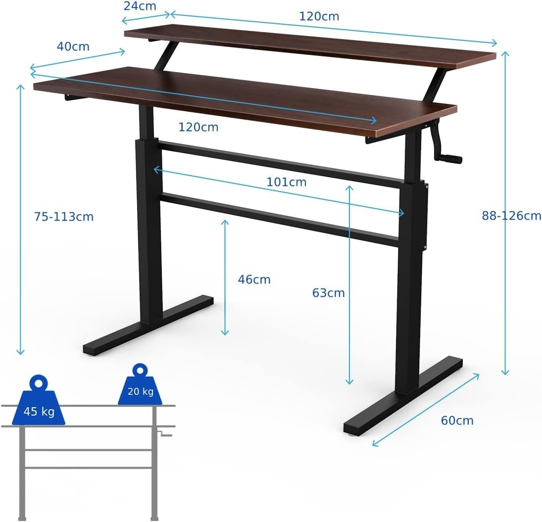 Height Adjustable Standing Desk 113cm Sit Stand Crank Table Brown