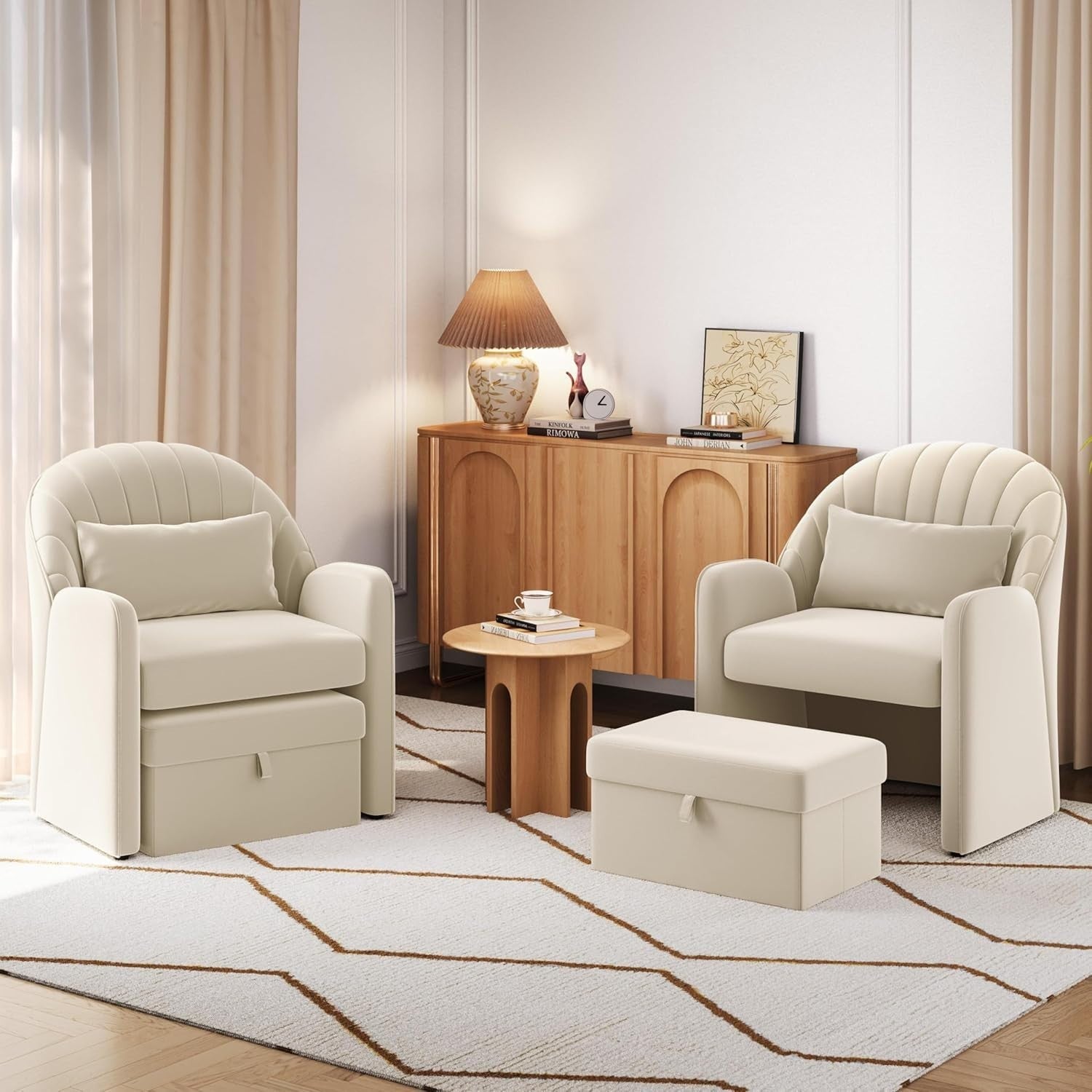 Velvet Tub Chair with Storage Ottoman & Lumbar Pillow | Modern Accent Seat