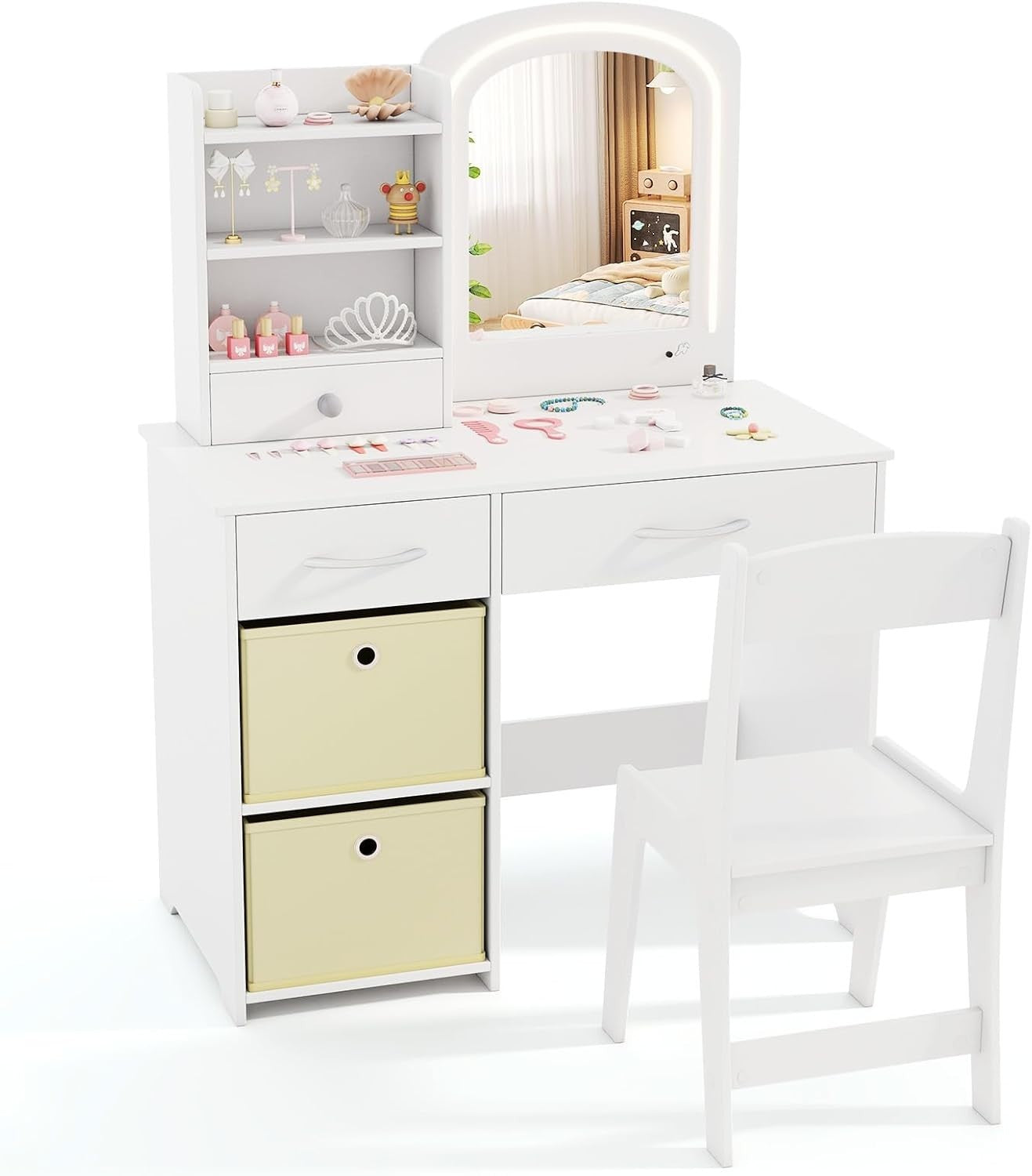 Kids Vanity Table Set Girls Dressing Desk & Stool LED Lighted Mirror Wood White