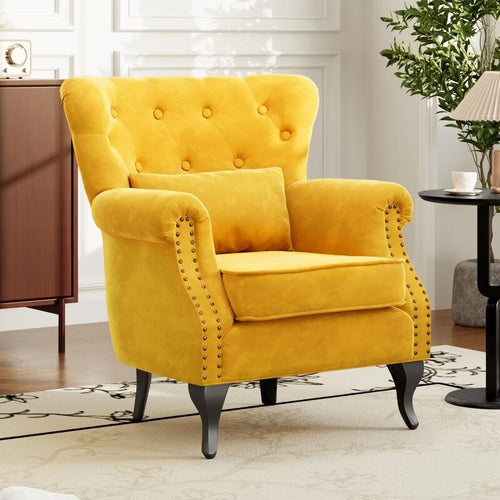 Yellow Tufted Armchair with Lumbar Cushion Sofa Seat Nailhead Trim