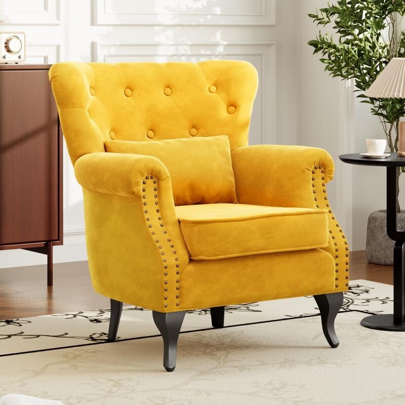 Yellow Tufted Armchair with Lumbar Cushion Sofa Seat Nailhead Trim