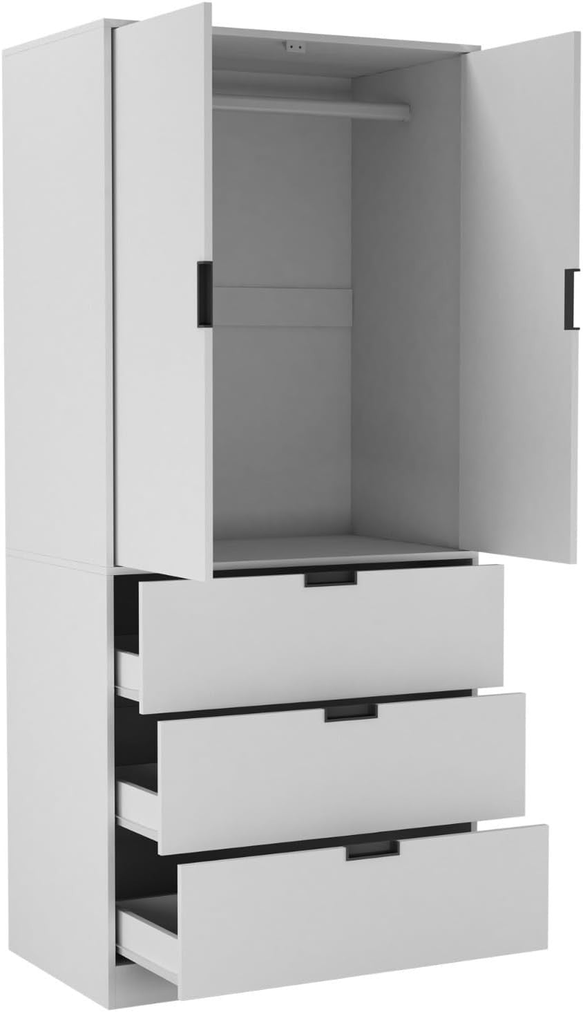 White 2 Door Wardrobe with Drawers | Tall Bedroom Storage Cabinet Unit