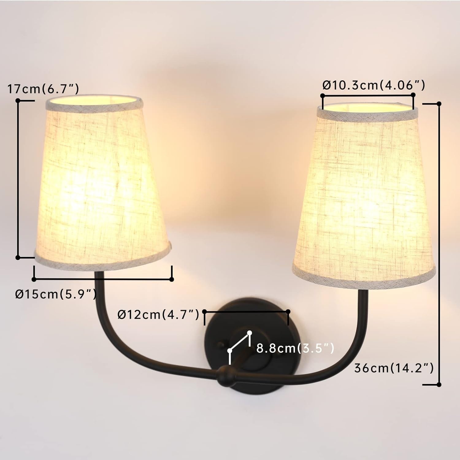 Black 2-Light Wall Sconce Linen Shades Vintage Bedroom & Bathroom Lamp