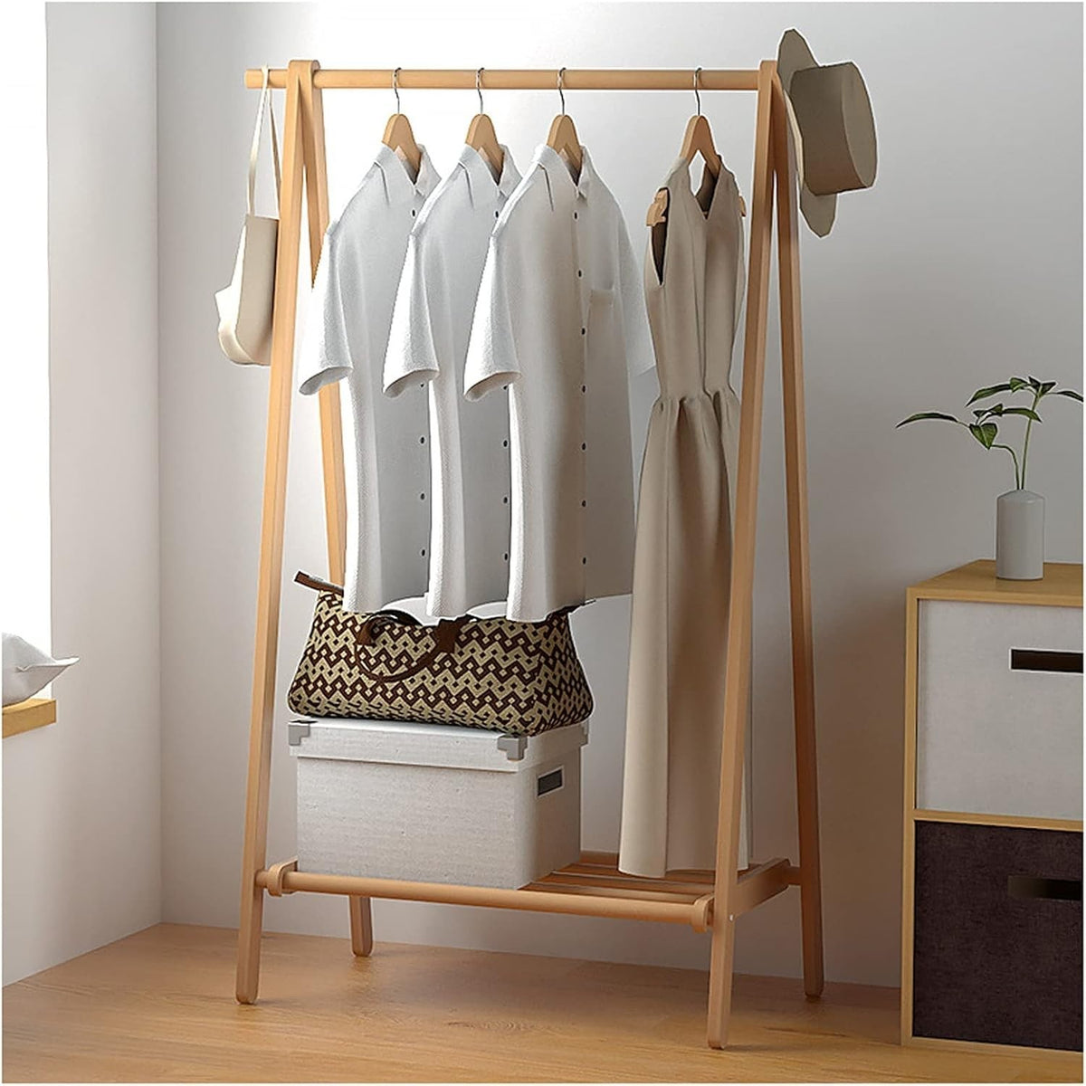 Wooden Clothes Rail Heavy Duty Garment Rack with Shelf 75cm