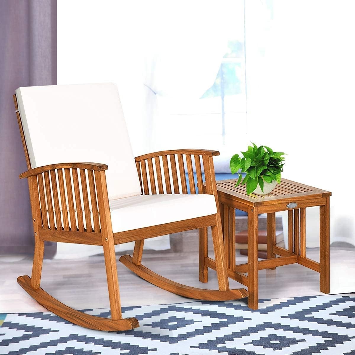 Garden Rocking Chair with Side Table, Acacia Wood, Padded Seat Outdoor Set